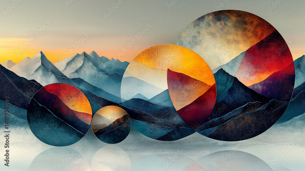 Abstract colorful landscape image with geometric shapes.