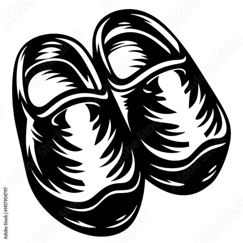 Two stylized wooden clogs depicted in black and white graphic design