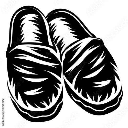 A pair of comfortable slippers depicted in a bold black and white illustration