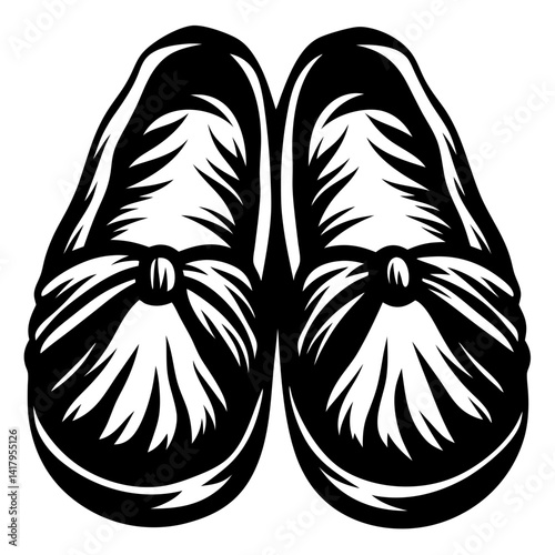 Stylized vector illustration of a pair of baby booties in black and white