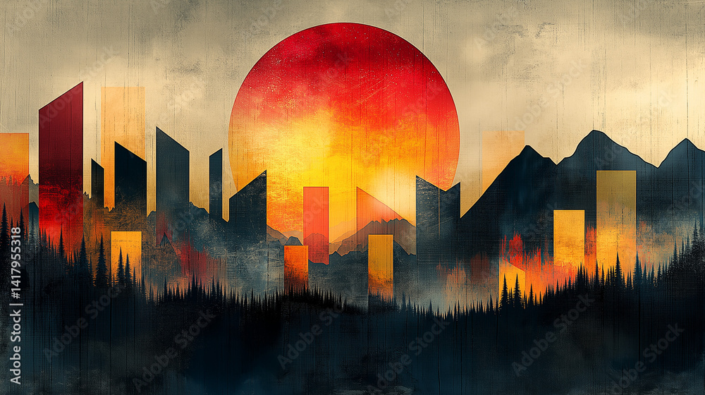 Abstract colorful landscape image with geometric shapes.