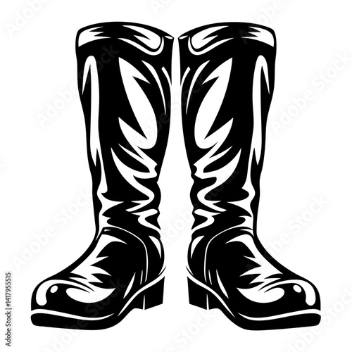 Black and white stylized image of rubber boots for outdoor use