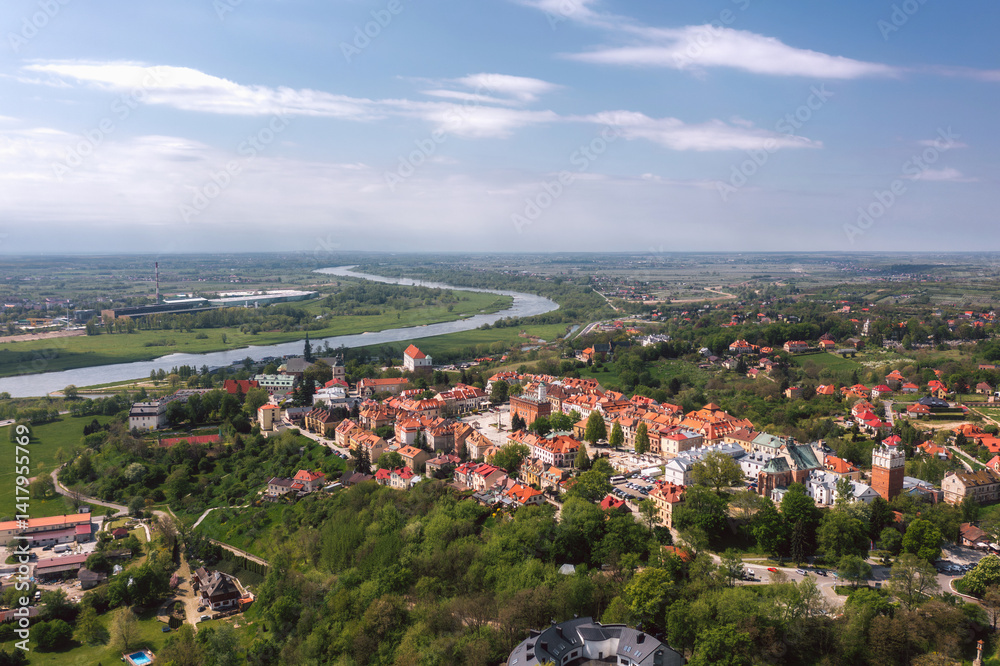 Summer skyline cityscape of Sandomierz, Świętokrzyskie, Poland. Wide panoramic aerial view of the old town