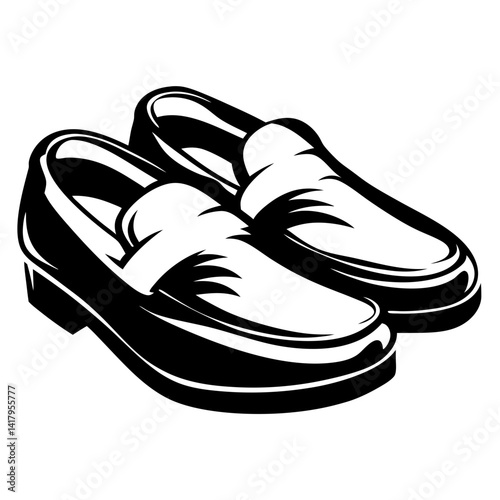 A monochromatic depiction of two leather loafers in crisp black and white