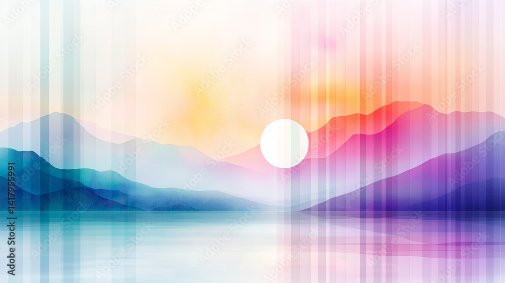 Abstract colorful landscape image with geometric shapes.