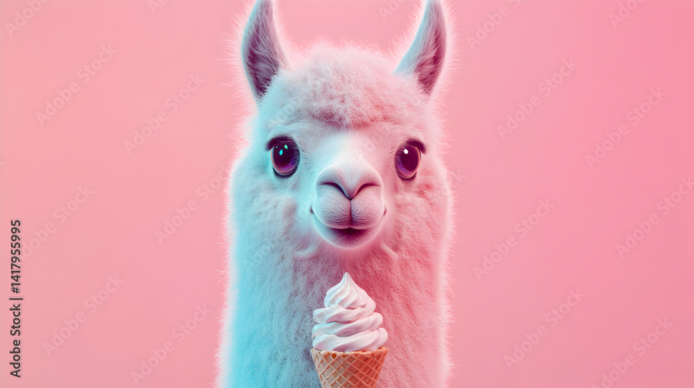 Fototapeta premium Cute llama portrait, cotton candy fur, pastel pink and blue, ice cream cone