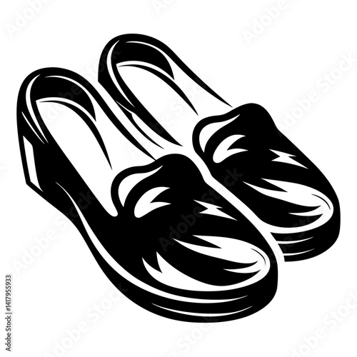 Stylized Black and White Illustration of Two Loafer Shoes with Overlapping Design