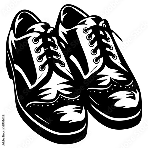 Black and white drawing of shiny leather shoes with laces and design