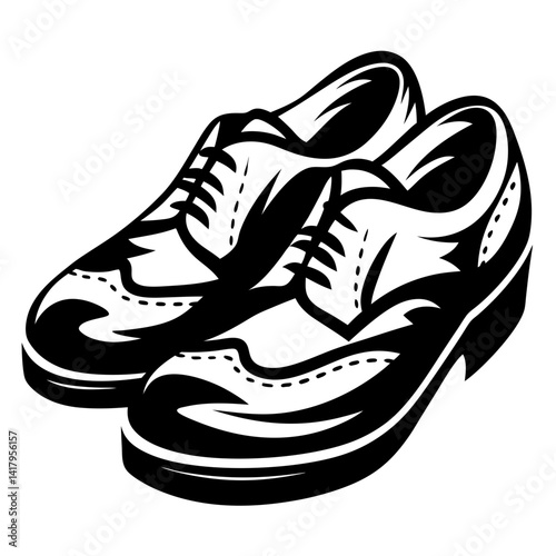 Elegant wingtip dress shoes in black and white graphic illustration design