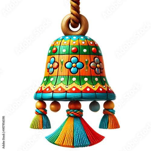 Brightly colored wooden bell hanging from woven rope. Isolated on white background