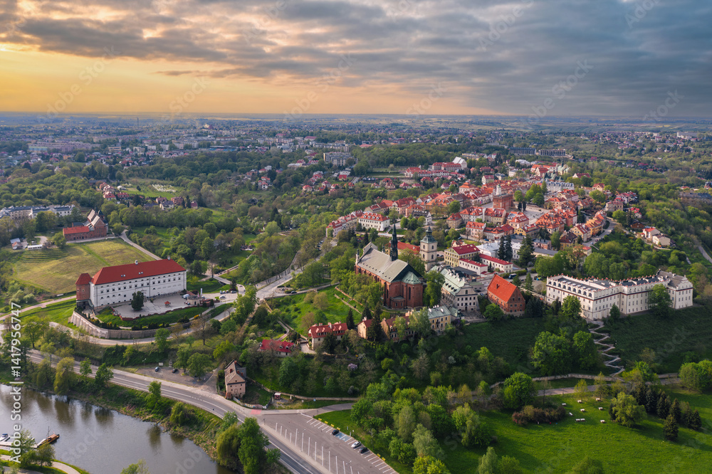 Summer skyline cityscape of Sandomierz, Świętokrzyskie, Poland. Wide panoramic aerial view of the old town at sunset
