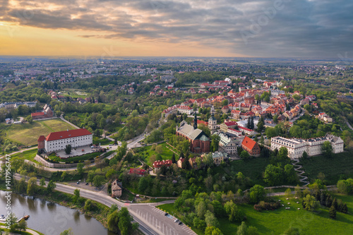 Summer skyline cityscape of Sandomierz, Świętokrzyskie, Poland. Wide panoramic aerial view of the old town at sunset
