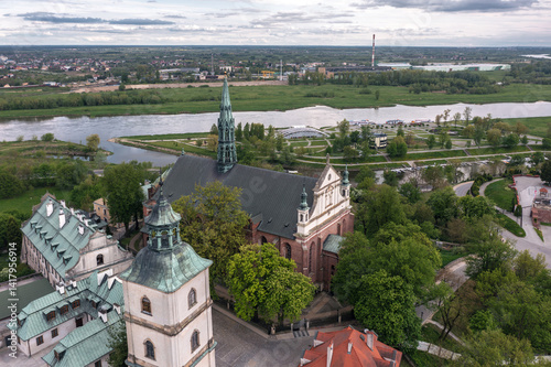 Summer skyline cityscape of Sandomierz, Świętokrzyskie, Poland. Aerial view of Cathedral Basilica of the Nativity of the Blessed Virgin Mary (Bazylika katedralna Narodzenia NMP w Sandomierzu)