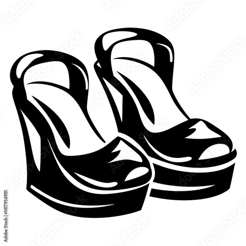 Two bold black wedge shoes with a thick platform design illustration