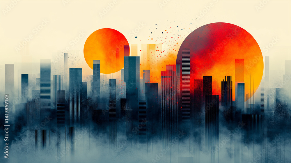 Abstract colorful landscape image with geometric shapes.