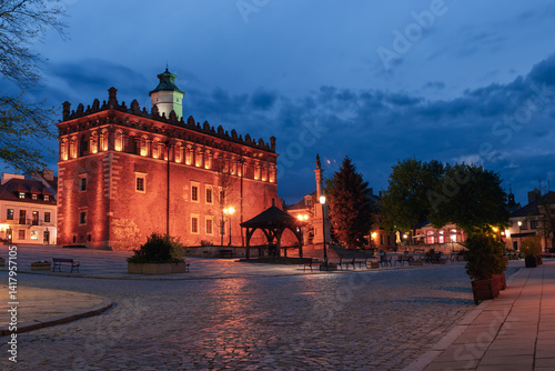 Obraz na płótnie Night cityscape of Sandomierz old town, Świętokrzyskie, Poland. View of Town Hall and Old Market square w salonie