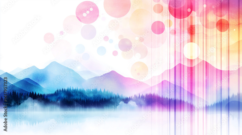 Abstract colorful landscape image with geometric shapes.
