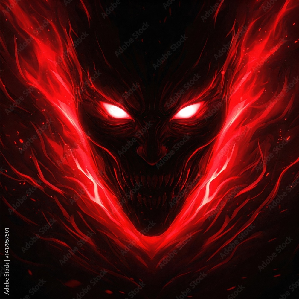 Fototapeta premium Ominous Dark Head with Luminous Red Eyes and Fangs