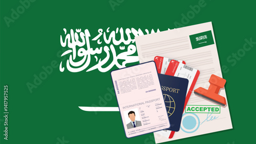 Saudi Arabia visa, open stamped passport with visa approved document for border crossing. Immigration visa concept. Background with Saudi Arabia flag. vector illustration