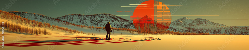 Abstract colorful landscape image with geometric shapes.