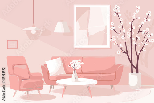 interior modern living room with sofa,  plant, lamp, decoration, 3D render
