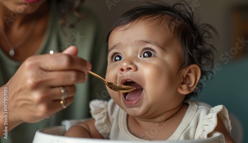 caring indian mother giving food to her baby