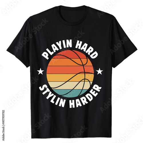 Summer sport basketball retro vintage sunset graphic illustration perfect for black t-shirt design featuring silhouette player for man and girl streetwear or casual outfit
