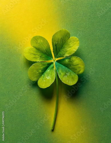 A close-up of a four-leaf clover placed on a soft yellowish green background.