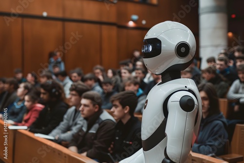 Wallpaper Mural Humanoid Robot and College Students in Lecture Hall – Futuristic Education, AI Integration, and Diverse Learning Environment Torontodigital.ca
