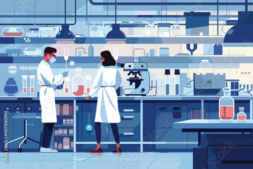 Illustration of a scientist working in a lab on a vaccine