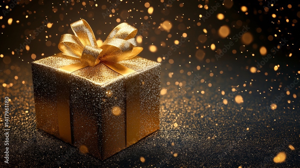 Golden gift box with sparkles and festive glow