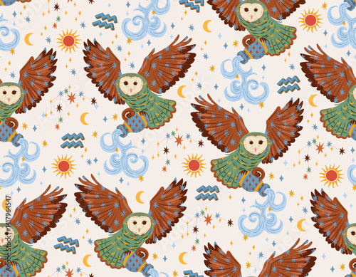 Aquarius zodiac Owl star seamless pattern. Aquarius sign symbol stars Vector EPS10 , Design for fashion , fabric, textile, wallpaper, cover, web , wrapping and all prints 