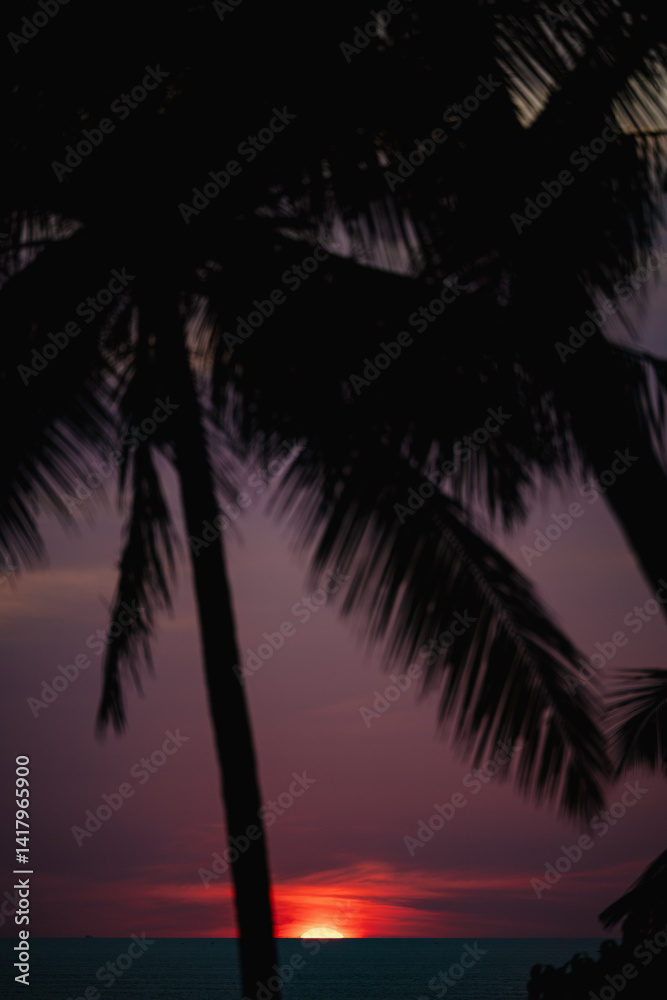 Serene view of a tropical ocean sunset framed by palm trees, with colorful clouds and a glowing sun touching the sea.