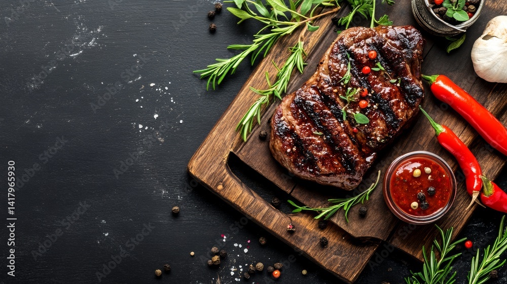 Grilled steak on cutting board with tomatoes and herbs