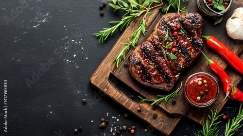 Obraz na płótnie Grilled steak on cutting board with tomatoes and herbs w salonie