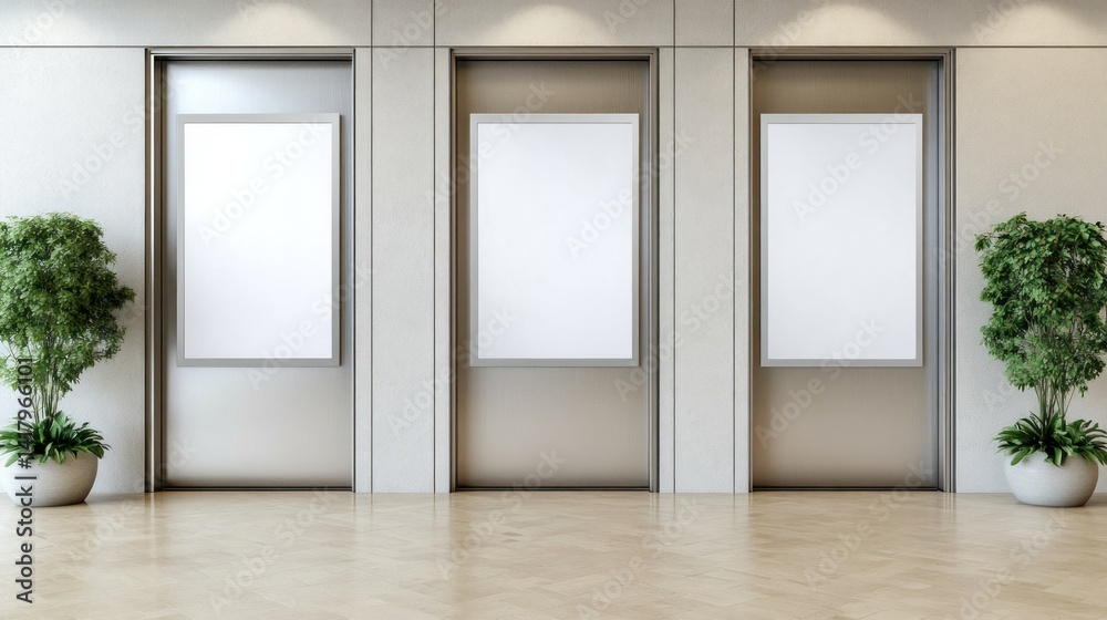 Fototapeta premium Modern hallway with three blank display panels.
