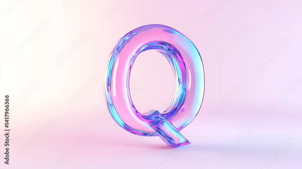 The letter Q in an iridescent color. The letter is made of glass with a luminous rainbow gradient effect. The letter Q in an iridescent color. The letter is made of glass with a luminous rainbow gradient effect.