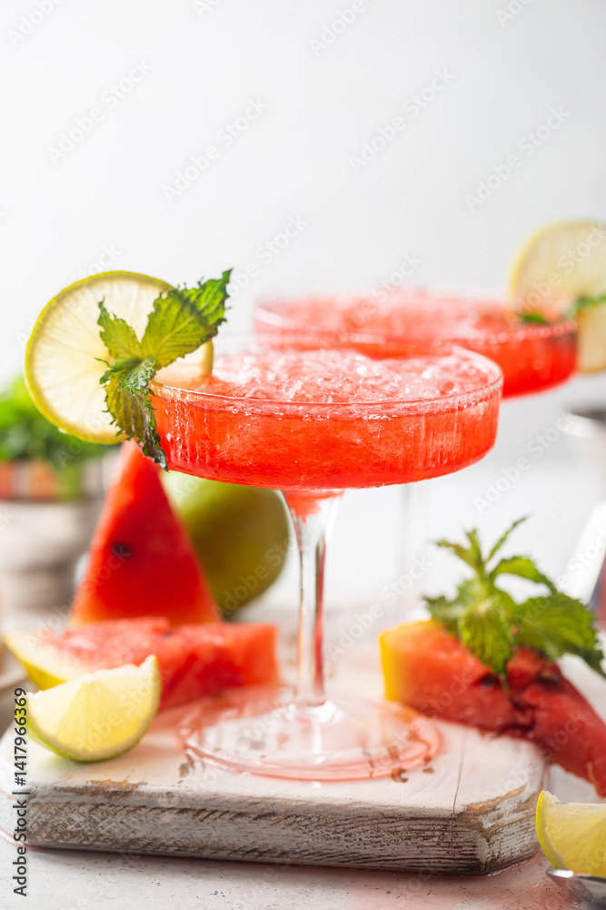 Watermelon frozen cocktail margarita with fresh watermelon, lime and mint on white background