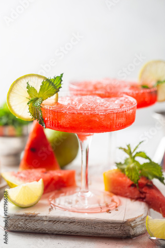 Obraz na płótnie Watermelon frozen cocktail margarita with fresh watermelon, lime and mint on white background w salonie
