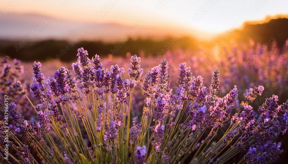 Obraz premium Close up lavender flowers in beautiful field at sunset