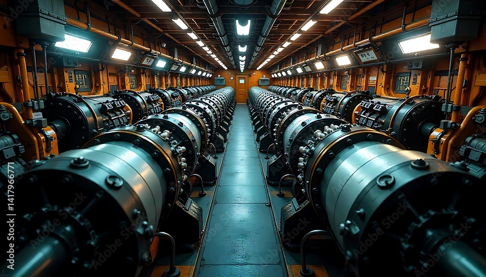 Fototapeta premium Top view of the ship's main engines inside the engine room, Engine room of container ship, created with generative ai