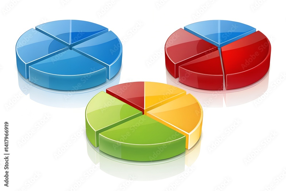 Obraz premium Pie Graphs EPS. A set of eight 3D glossy pie charts representing various values.