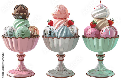 Set of ice cream in glass vase isolated on white background.