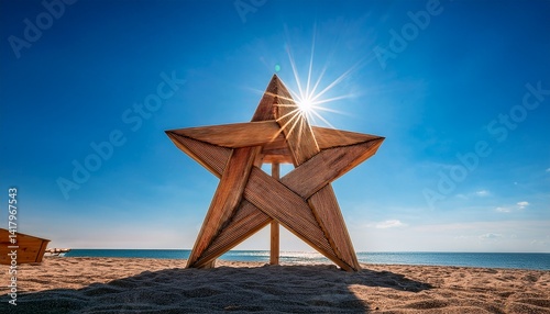 star shaped wooden structure against a blue sky and a sun star