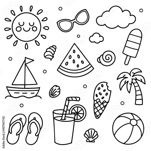 Doodle set of summer-themed icons including sun, sunglasses, beach items
