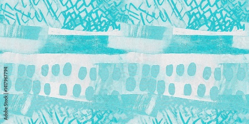 Seamless teal green woven grunge dye border pattern. Irregular beach cottage dye washed out resist banner background. Modern mottled woven style for trendy coastal worn texture tape edging trim.