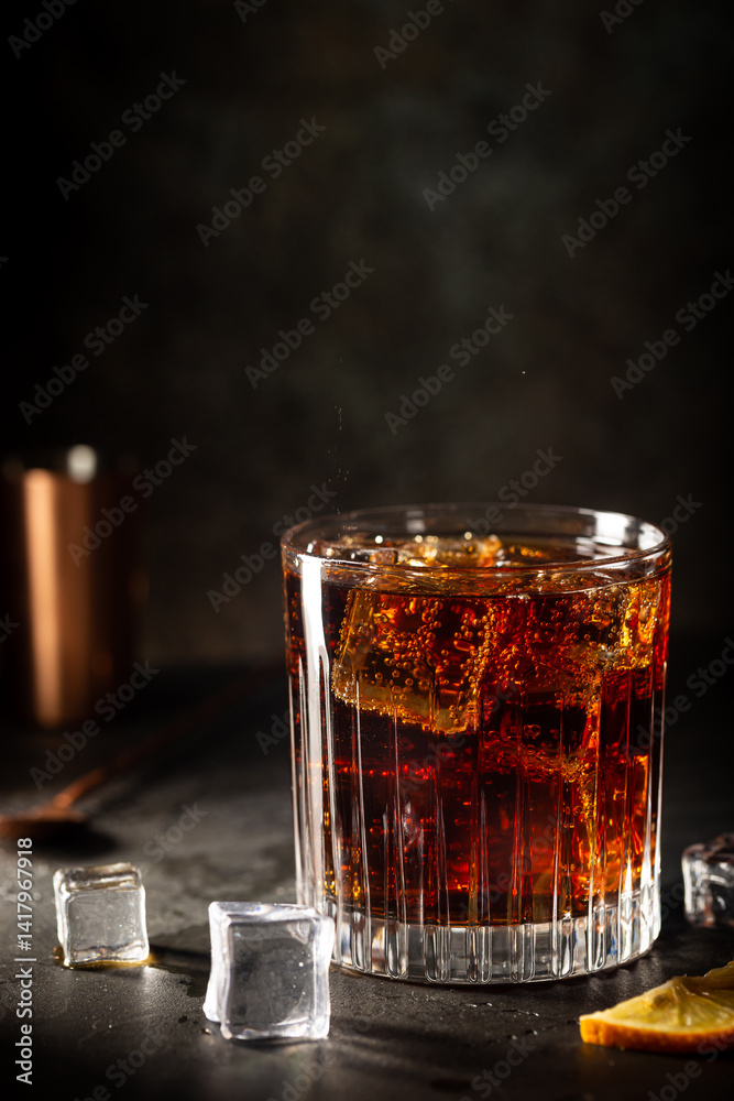 Glass of cold cola with ice cubes on dark background