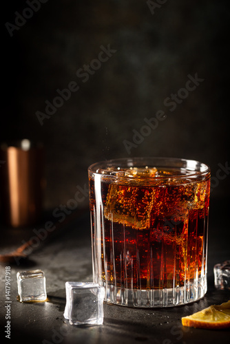 Glass of cold cola with ice cubes on dark background