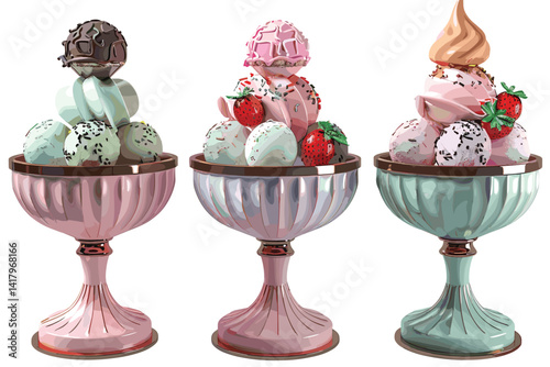 Set of ice cream in glass vase isolated on white background.