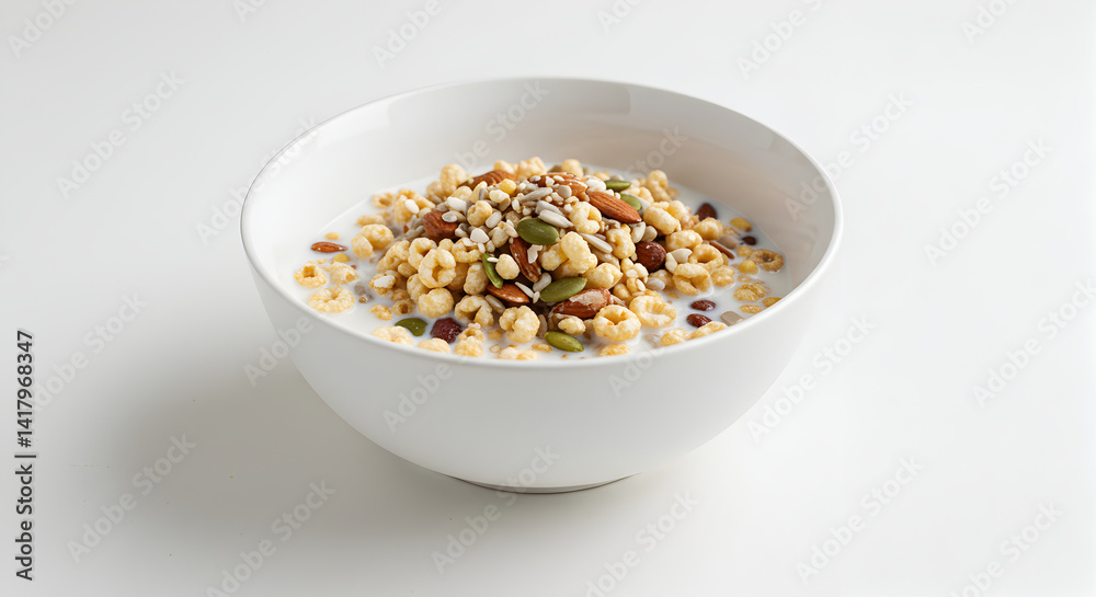 Bowl Of Crunchy Breakfast Cereal With Mixed Seeds And Nuts Isolated On White Bowl Of Crunchy Breakfast Cereal With Mixed Seeds And Nuts Isolated On White